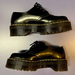 Dr. Martens Black Leather Platform Shoes with Yellow Stitching